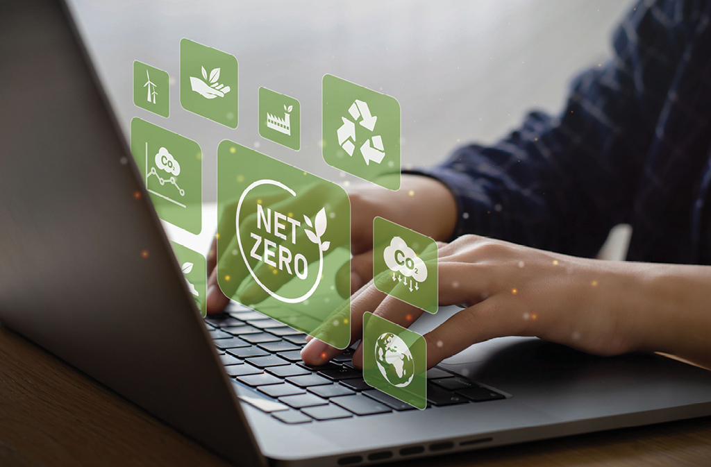 Person using computer with net zero graphics