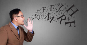 Person talking with graphics are words