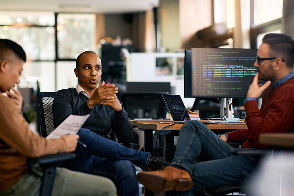 Co-workers talking